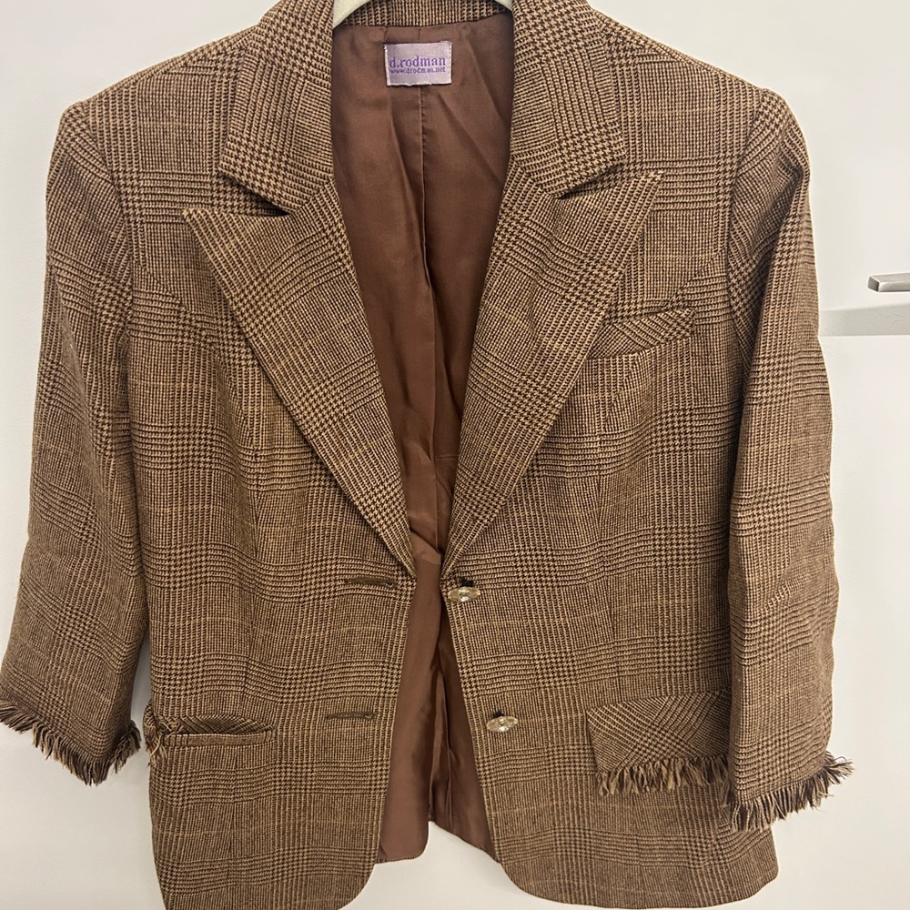 Brown Plaid Blazer cropped sleeve